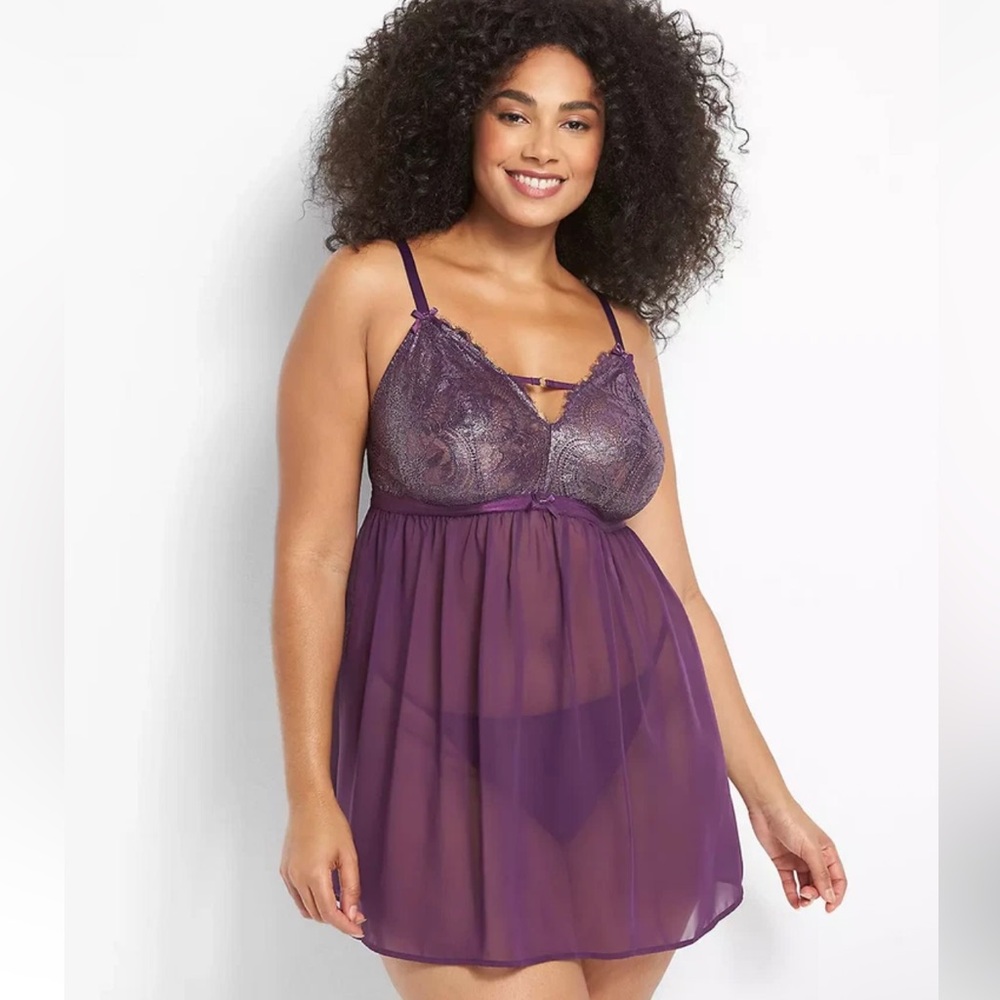 Cacique Lace Trim Babydoll Lingerie Sheer Mesh Empire Waist 22/24 Purple Pennant